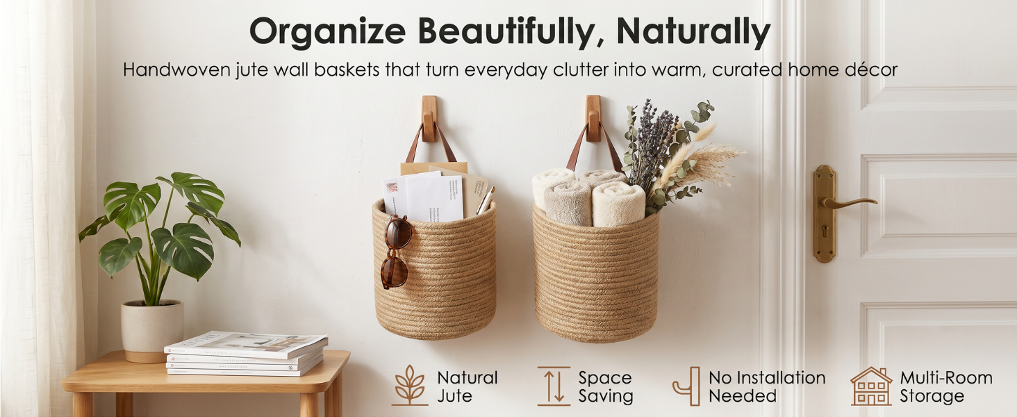 Handwoven jute wall baskets hanging in a bright boho entryway holding towels, keys, sunglasses, etc.