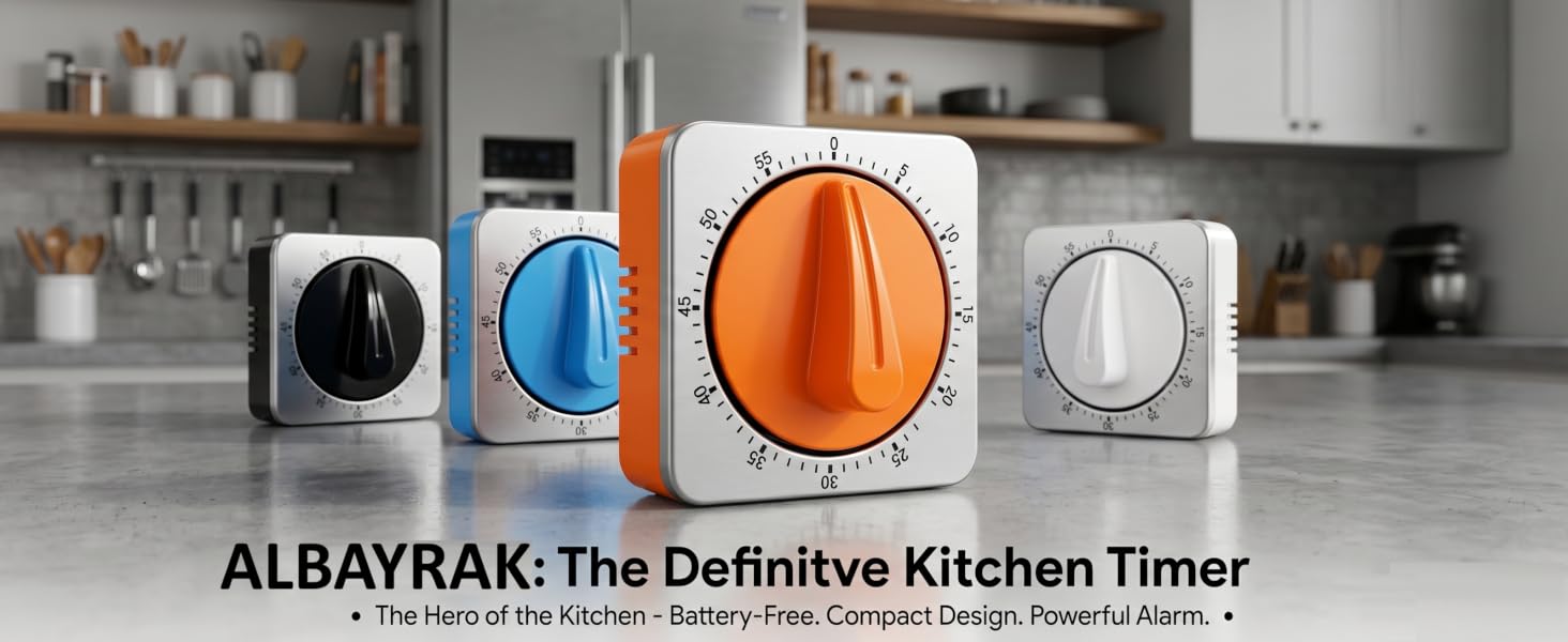 Four colorful ALBAYRAK mechanical kitchen timers lined up on a modern concrete countertop.
