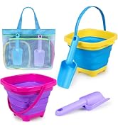 Collapsible Beach Buckets for Kids, 2 Packs Foldable Sand Buckets and Shovels with Mesh Beach Bag...