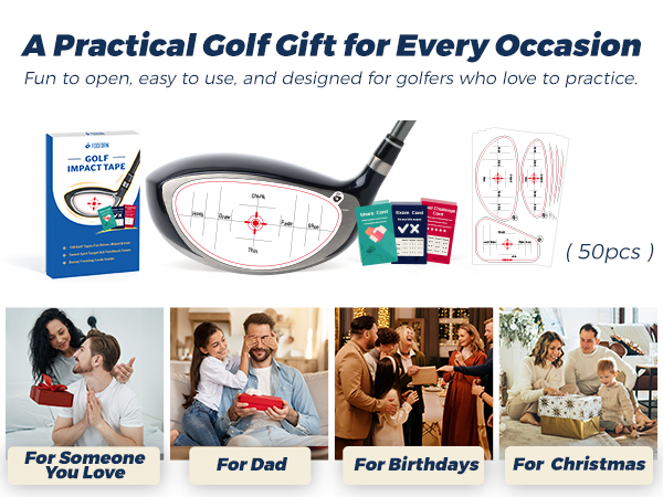 Golf impact tape gift graphic showing a practical golf gift set for multiple occasions