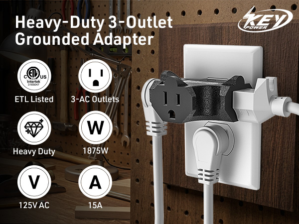 Heavy duty 3 outlet grounded adapter