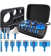 Set of blue diamond hole saw drill bits with carrying case. Kit includes multiple size bits, mounting plate, and accessories. Professional-grade cutting tools displayed with storage case.