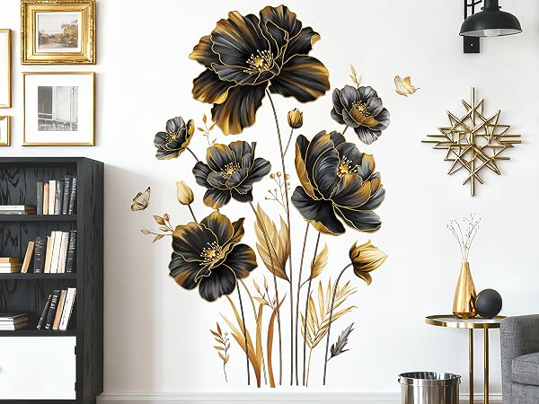 DM2355 black gold flower wall decals