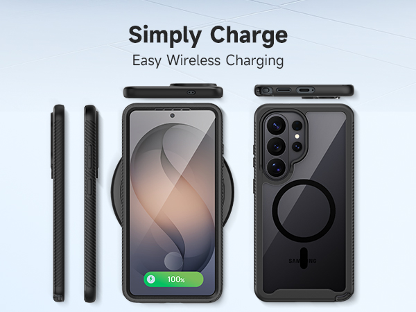 Text reads "Simply Charge" and "Easy Wireless Charging". Wireless charging case with magnetic ring attachment shown with phone, two black styluses, and green charging indicator light.