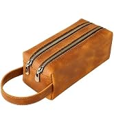 ECHSRT Genuine Cowhide Leather Pen Pouch for Adults, Double Zipper Pen Bag with Handle, Two Compa...