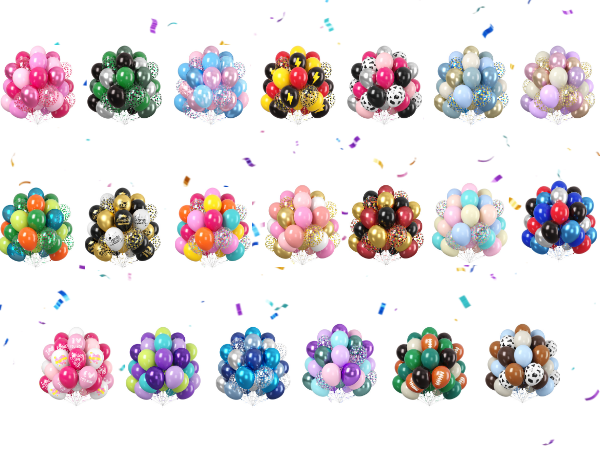 Display grid of balloon bunches in various color combinations, including pink, blue, green, gold, and multicolored arrangements.
