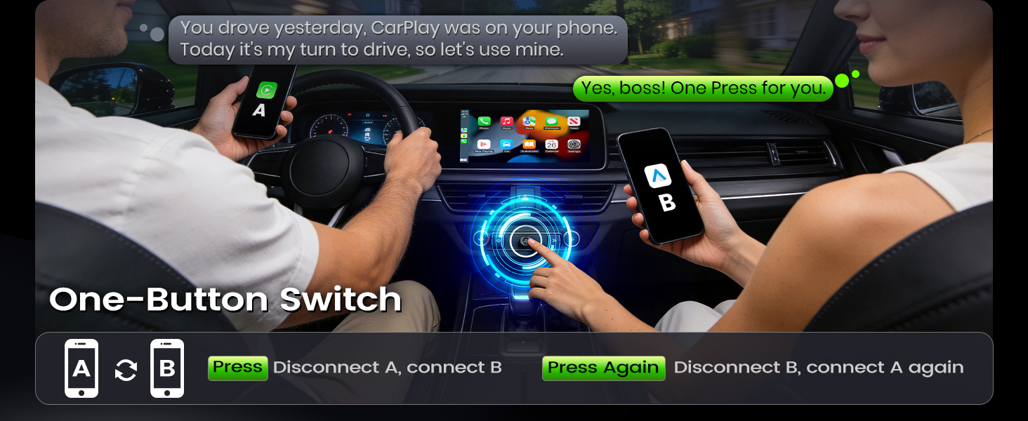 Wireless CarPlay adapter supports one-button switching between two phones in shared cars.