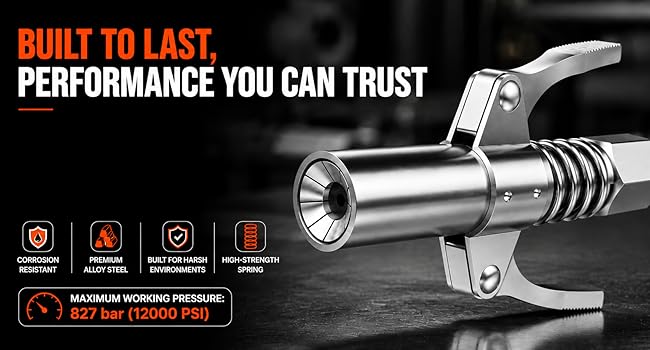 Heavy-duty grease gun coupler with alloy steel body and high-strength spring for durability.