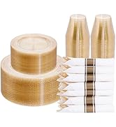 DaYammi 210PCS Gold Glitter Plastic Dinnerware Set for 30 Guests, Fancy Disposable Plates for Par...