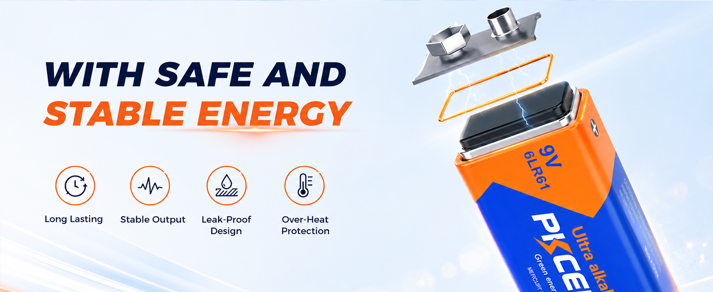 PKCELL 9 volt alkaline batteries deliver exceptional long-lasting power to keep the smoke detectors