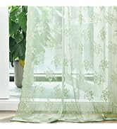 Kotile Sage Green Sheer Curtains 84 Inches Long 2 Panels, Knitted Rustic Floral Pattern Lace Shee...