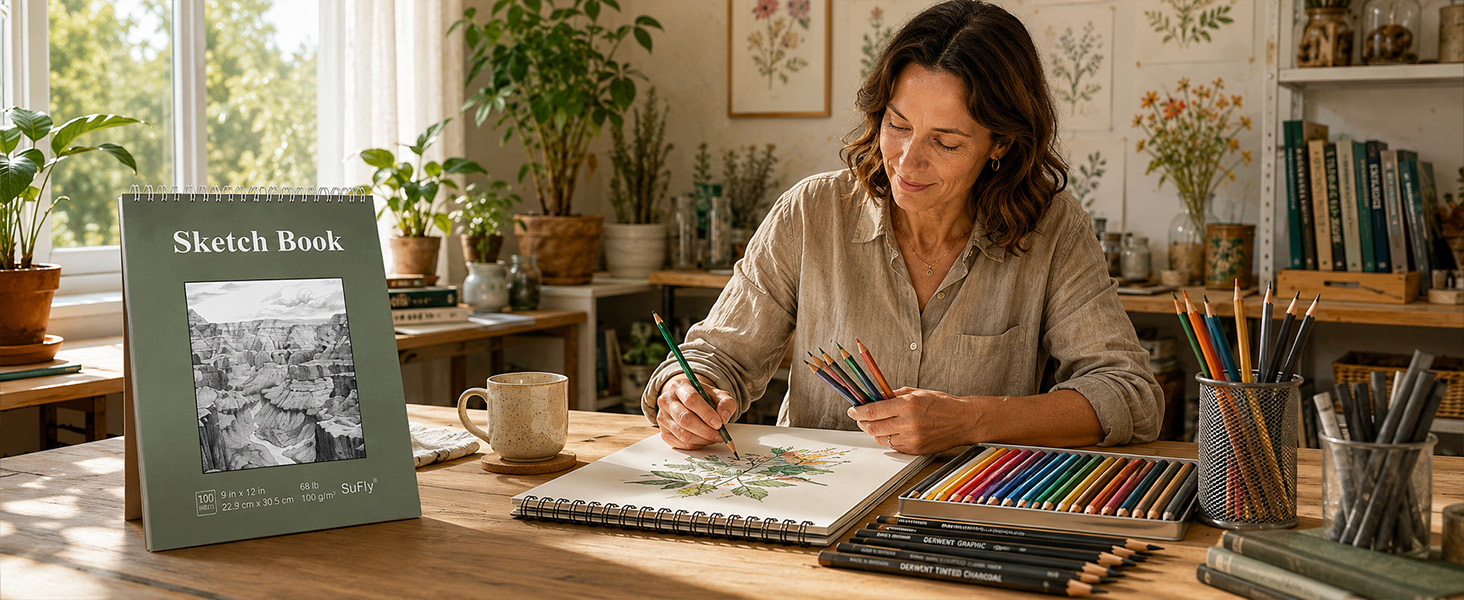 An adult creator uses a SuFly sketchbook for colored-pencil and dry media drawing in a home studio.