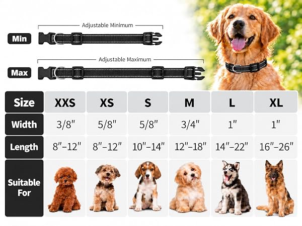 Breathable Nylon Collars for Small Medium Large Dogs, Adjustable Soft Neoprene Padded, Night Safety