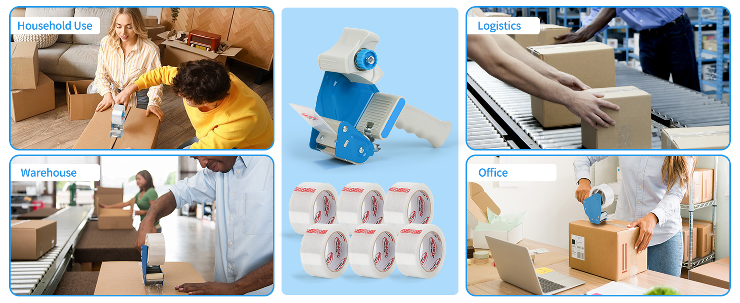 Packing tape dispenser with 6 rolls for home, warehouse, office and shipping applications