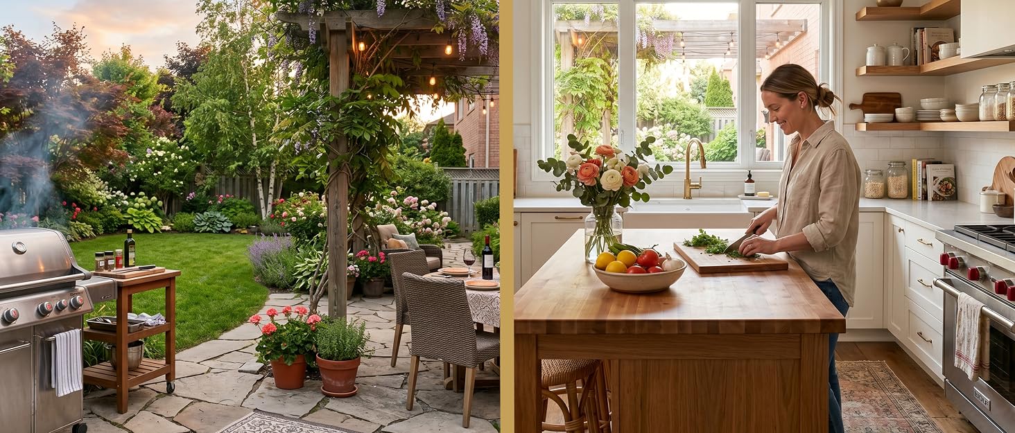 Outside patio with grill and inside kitchen with woman chopping vegetables.