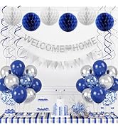 Welcome Home Banner, Welcome Home Decorations Silver with Hanging Swirl Streamers Honeycomb Balls...