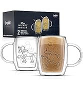 JoyJolt Aroma Disney Mickey and Pluto 13.5oz Glass Cups Set. 2 Insulated Double Wall Glass Coffee...