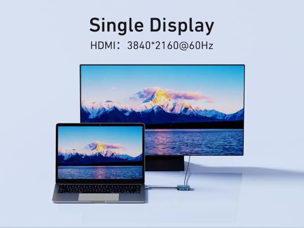 Text reads 'Single Display HDMI:'. Multiple views of a flat-screen display or monitor shown from different angles against blue background.