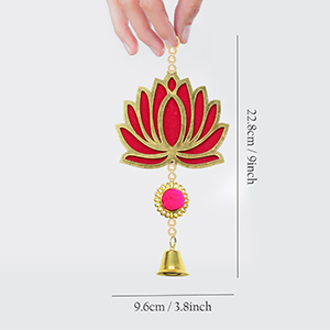 Red and gold lotus-shaped ornament with pink gemstone and small bell, held by hand. Measurement text indicates 22.8cm length and 9.6cm width.