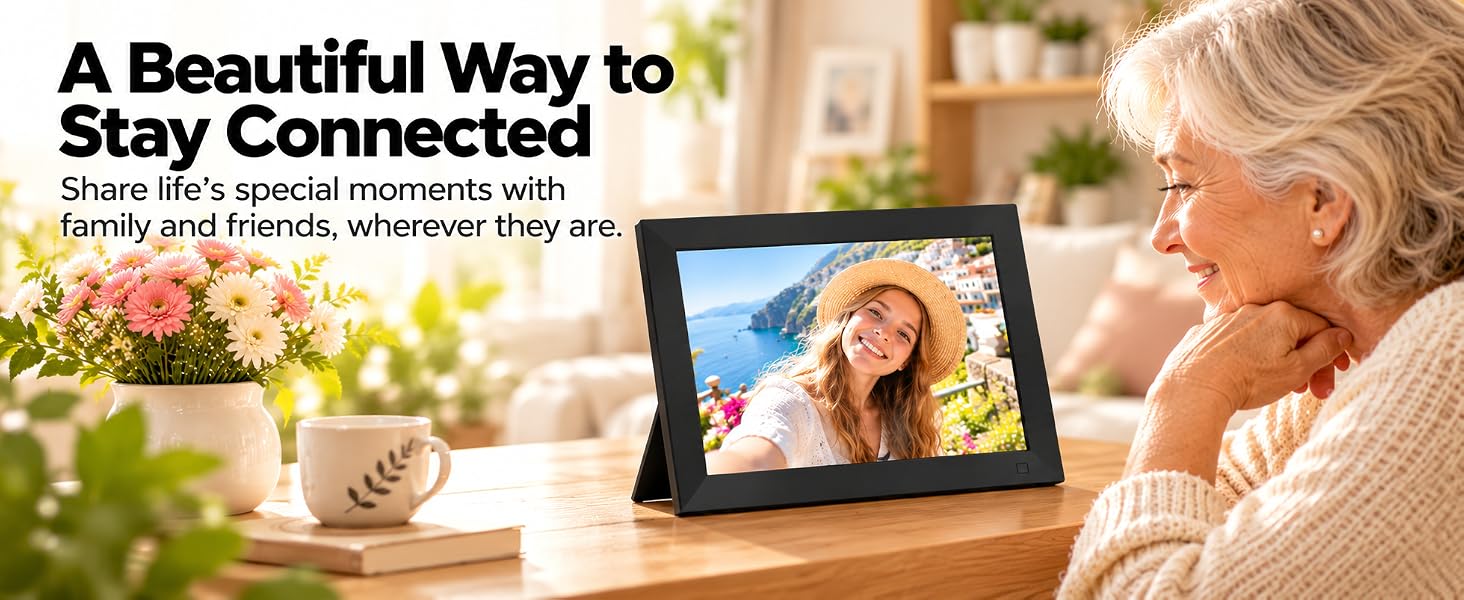 Text reads "A Beautiful Way to Stay Connected". Elderly woman video calling on digital tablet with flowers in background, demonstrating video communication.
