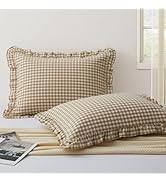 KKJIAF 2 Pcs Plaid Ruffle Pillow Case Standard Size, Washed Cotton Gingham Ruffled Euro Sham Pill...