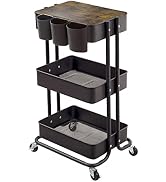 3-Tier Metal Utility Rolling Cart Storage Side End Table with Cover Board and Handle for Office H...