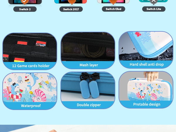 Cute Switch 2 Carrying Case, Kawaii Shark Travel Carry Case with Shoulder Strap