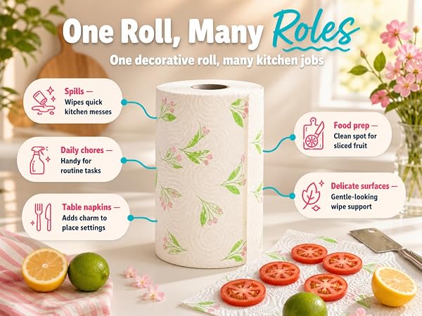 Decorative paper towel roll shown wiping counters, prepping fruit and lining a napkin holder