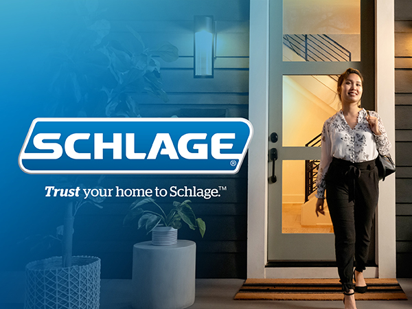 Woman leaving her modern style home with Schlage handle and deadbolt on her front door