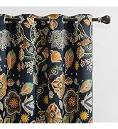 Navy Blue Vintage Floral Curtains 84 Inches Long 2 Panels Set for Living Room Bedroom 100% Blacko...