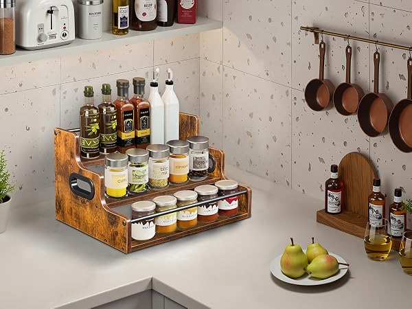 Kitchen spice rack organizer, rustic 3-tier seasoning bottle holder for countertop storage.