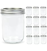 Yodecy 12 Pack 16 oz Wide Mouth Clear Mason Jars with Silver Metal Lids, Canning Jars for Overnig...