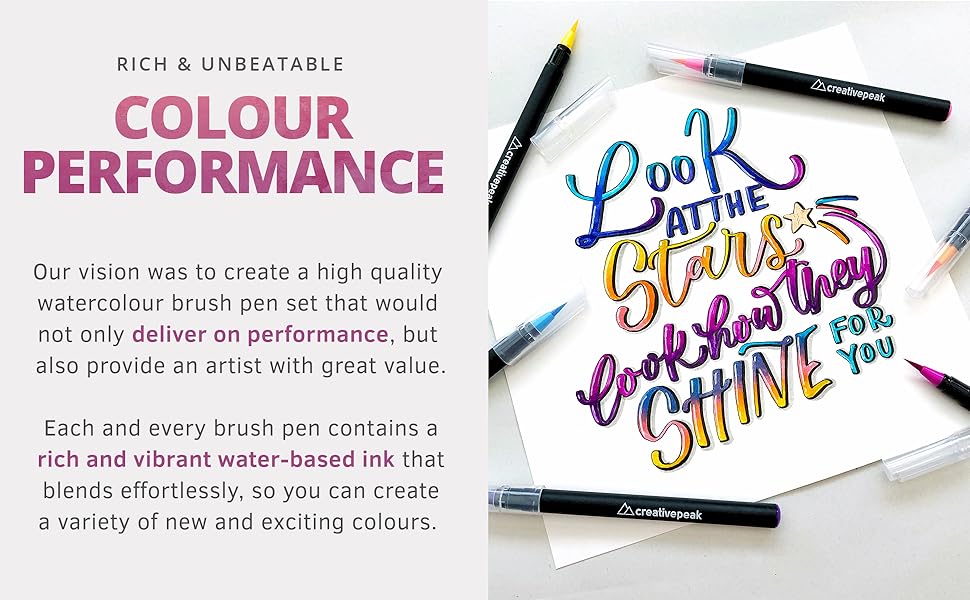 Colorful watercolor brush pens displayed with vibrant lettering sample. Text highlights 'rich & unbeatable colour performance' of the pens.