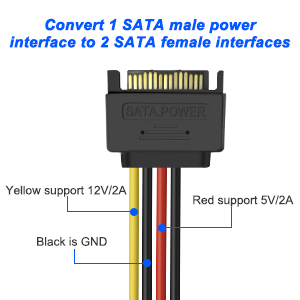 1 SATA male power interface to 2 SATA female interfaces