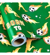 Burymento Soccer Wrapping Paper Roll - 17in x 16.4ft, Green Gold Soccer Ball Sports Gift Wrap wit...