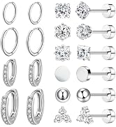 Nunpag 10 Pairs Stainless Steel Stud Earrings Colorful CZ Stud Earrings 20G Stud Earings 8mm 10mm...