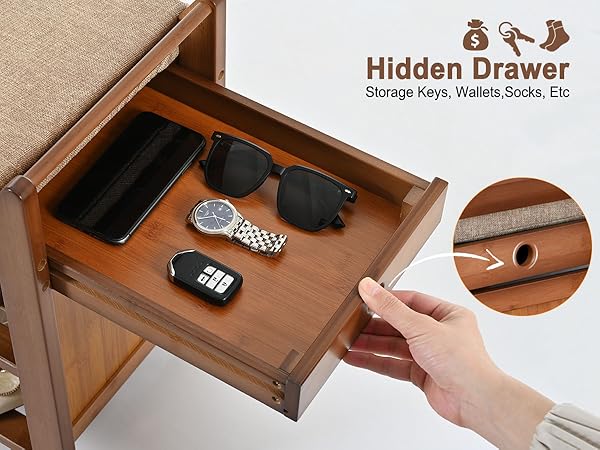 hiddden drawer of shoe bench