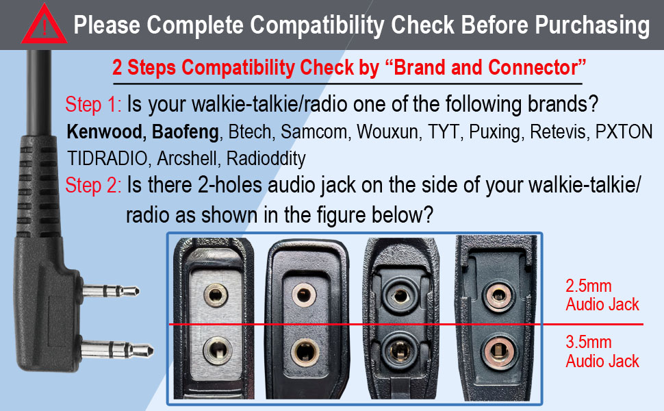 2 steps compatibility check by brand and connector-CM01-K2P speaker mic