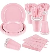 Aodaer 200 Pieces Pink Party Supplies Disposable Dinnerware Set Include Plastic Plates Cups Knive...