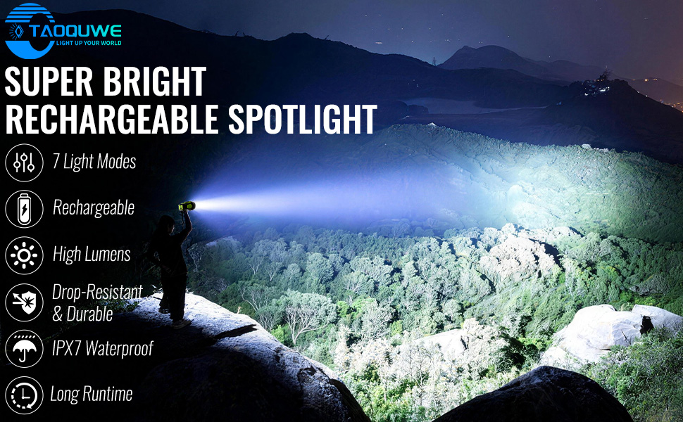 Rechargeable Spotlight Super Bright Handheld LED Flashlight High Lumens Powered Large Searchlight