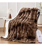 HYLEORY Faux Fur Heated Throw Blanket 50''x60'' - Soft Heavy Flannel Electric Blanket with 5 Heat...