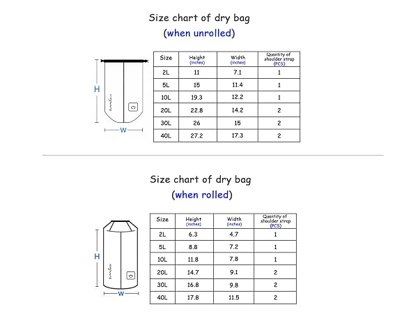 Size Chart of OMGear waterproof dry sack