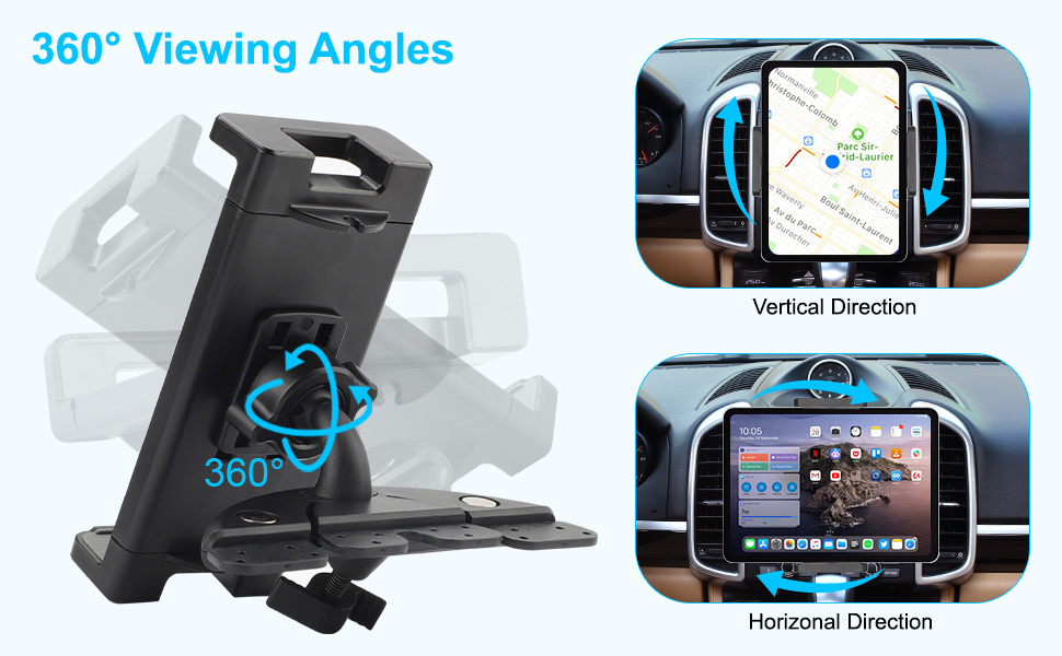 Car phone mount displaying 360-degree rotation capability and multiple viewing angles, shown with navigation and entertainment use cases.