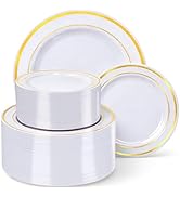 HOME BREEZE Gold Rim Plastic Plates Set, 120 Count Disposable Plates, 60 Dinner Plates 10 Inch an...
