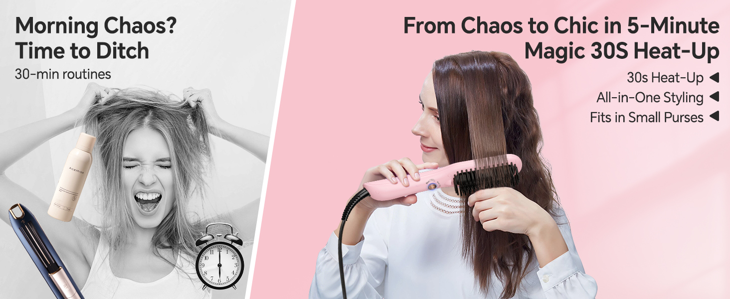 Text reads 'Morning Chaos? Time to Ditch' and 'From Chaos to Chic in 5-Minute Magic 30s Heat-Up'. Split image showing contrasting morning hair styling scenarios.