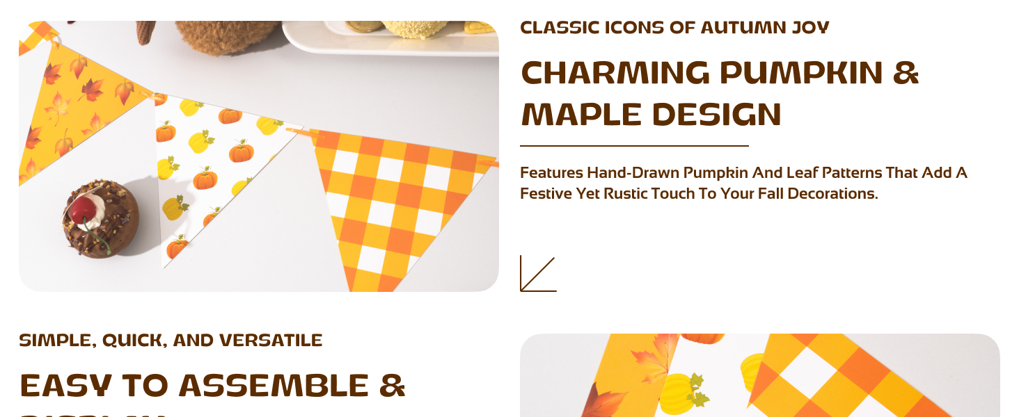 Thanksgiving banner decorations Autumn Triangle Flag Fall party with Plaid, Pumpkin & Maple Leaf