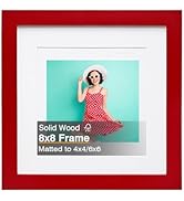 KINLINK 8x8 Picture Frame, Red Square Solid Wood Frame for Pictures 4x4 and 6x6 with Mat or 8x8 w...