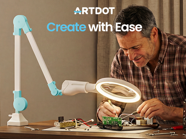 Text reads 'ARTDOT' and 'Create with Ease'. Workbench scene showing electronic or craft project assembly with robotic arm or tool assistance.