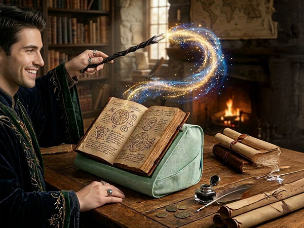 wizard waving a wand over a spell book that is sitting in a book pillow