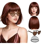 PLULON Brown Short Bob Wig with Bangs for Women, Colorful Neon Short Bob Synthetic Hair Wigs with...